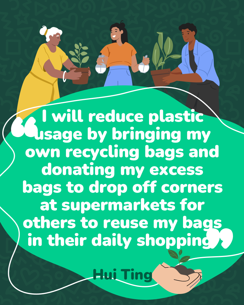 I will reduce plastic usage by bringing my own recycling bags and donating my excess bags to drop off corners at supermarkets for others to reuse my bags in their daily shopping.